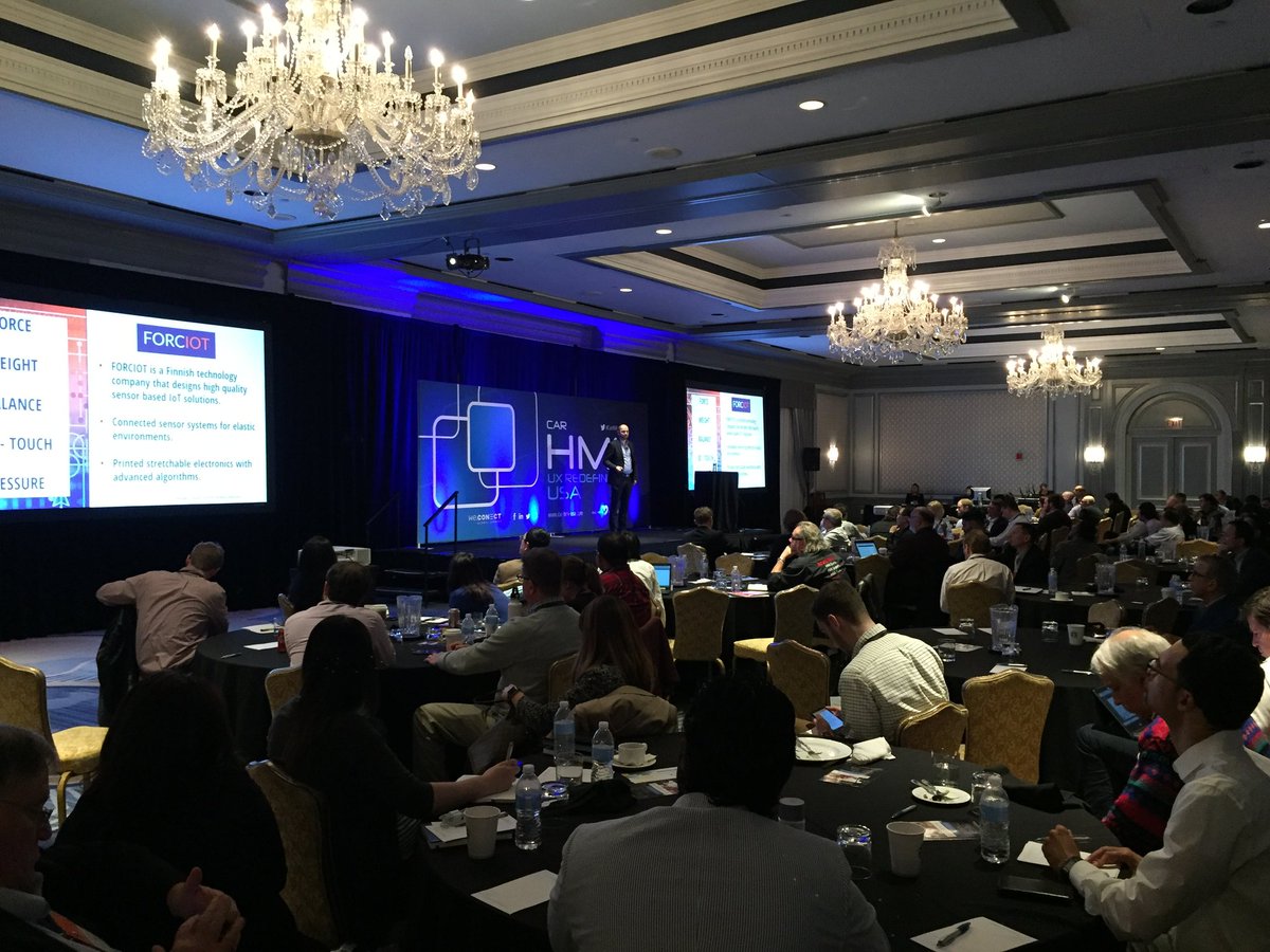 FORCIOTltd's tweet photo. @FORCIOTltd @janihann giving a nice presentation today at the #CarHMI Detroit conference. Great discussions and networking! #forciot #stretchable #electronics #US #busness #Automotive #Transportation https://t.co/j3I2QFRSfQ