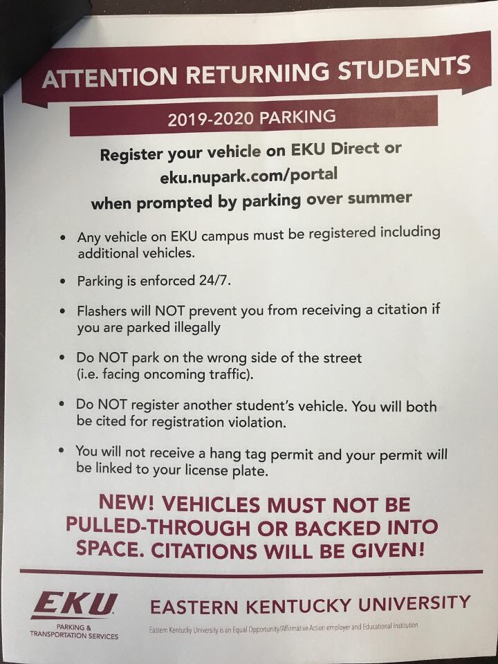 theryanchance's tweet photo. EKU parking to start giving out citations for backing into spots is one of the most ridiculous things I have ever heard. How is this at all reasonable? @EKUPrez @Ekuparking https://t.co/eV5KmW33AS