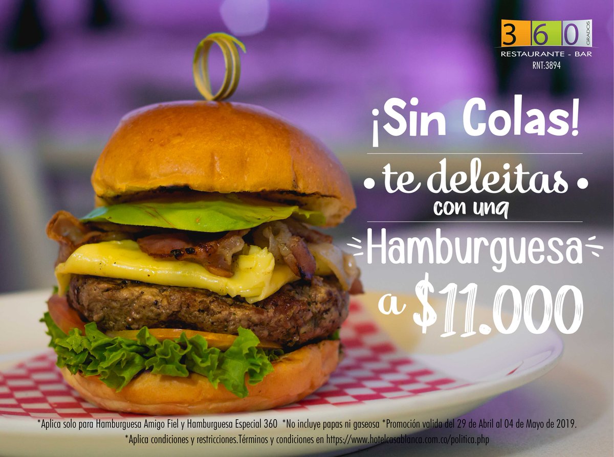 Prepárate para disfrutar de nuestra deliciosa #HamburguesaAmigoFiel del 29 de Abril al 04 de Mayo del 2019 a solo $11.000.Te esperamos #RestauranteBar360 ¡Más cerca del cielo! #HotelCasaBlanca
.
.
.
.
.
*No incluye papas ni bebida
*Parqueadero sujeto a disponibilidad https://t.co/zMf2lFEjfA