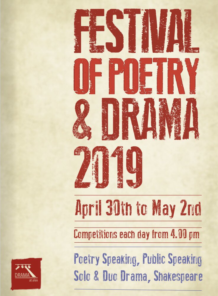 Drama_at_Alex's tweet photo. The 14th annual Festival of Poetry and Drama begins tomorrow @alexcollege for three days/nights! Competitions on every day with all our drama students taking part - come see! https://t.co/pQq4b0J0wB