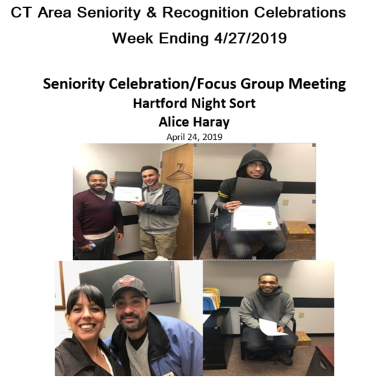 Last week in Hartford, CT. we celebrated the seniority of two employees! They were both given a certificate of achievement and a goodie bag filled with recognition items. Both were congratulated on their success and encouraged to continue on their career paths! <a href="/amy_madeira/">Amy Madeira</a>