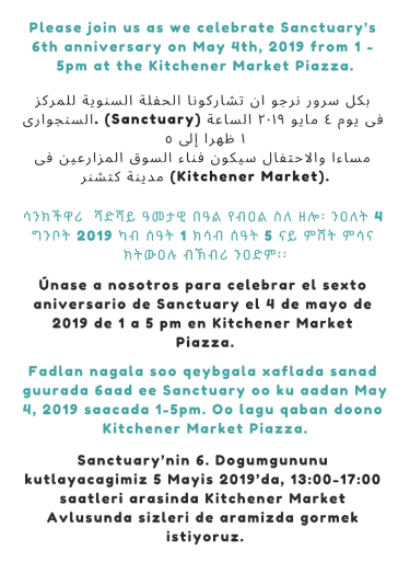 SanctuaryRHC's tweet photo. Our celebration will kick off with a show from award-winning artist @ericktraplin, delicious food from Kitchener Market vendors, and lots of activities for children. This event is rain or shine and free for everyone. We hope to see you there! #6YearsofSanctuary #LoveMyHood https://t.co/Y7a53UaG5g