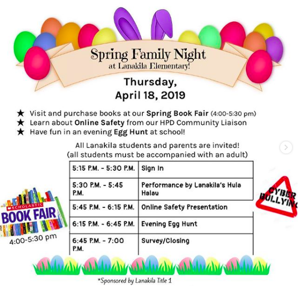 LanakilaES's tweet photo. Thank you for coming to our last family night of the year! We hope that all of you enjoyed Officer Martinez's presentation on online safety AND finding your EASTER EGGS! https://t.co/sPNJrEYEiT