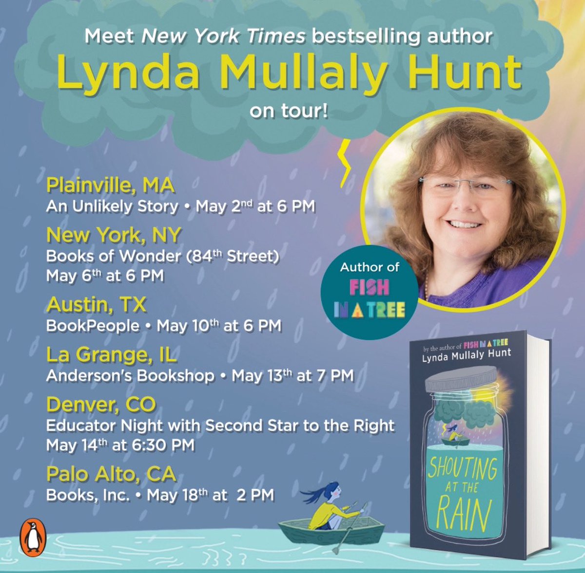 LynMullalyHunt's tweet image. SO excited to be leaving on tour this week! I will be visiting tons of schools but these are public events. Please come by and chat if you are able. HUGE thanks ⁦@nancyrosep⁩ ⁦@PenguinClass⁩ 💙💙