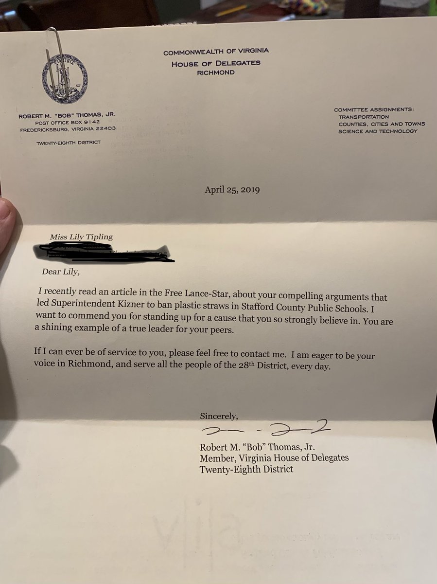 LilyTipling's tweet image. Came home to this letter. This is SO awesome!! Thank you for your support! @BobThomasVA @VaHouse #ConwayLeaders #MakeADifference #NOStrawsInSCPS @SCPSchools @conwayelemsch
