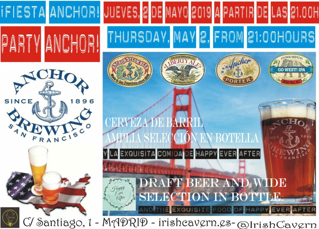 IrishCavern's tweet photo. ¡Fiesta Anchor en The Cavern! Os esperamos el próximo Jueves, 2 de mayo, a partir de las 21:00h, con las cervezas de @AnchorBrewing @AnchorPublicTap #SteamBeer #LibertyAle #AnchorPorter #GoWestIPA  y la exquisita comida de @happyevercakes ¡no os lo podéis perder! 🍻 #irishcavern https://t.co/rTcfXbMJYb