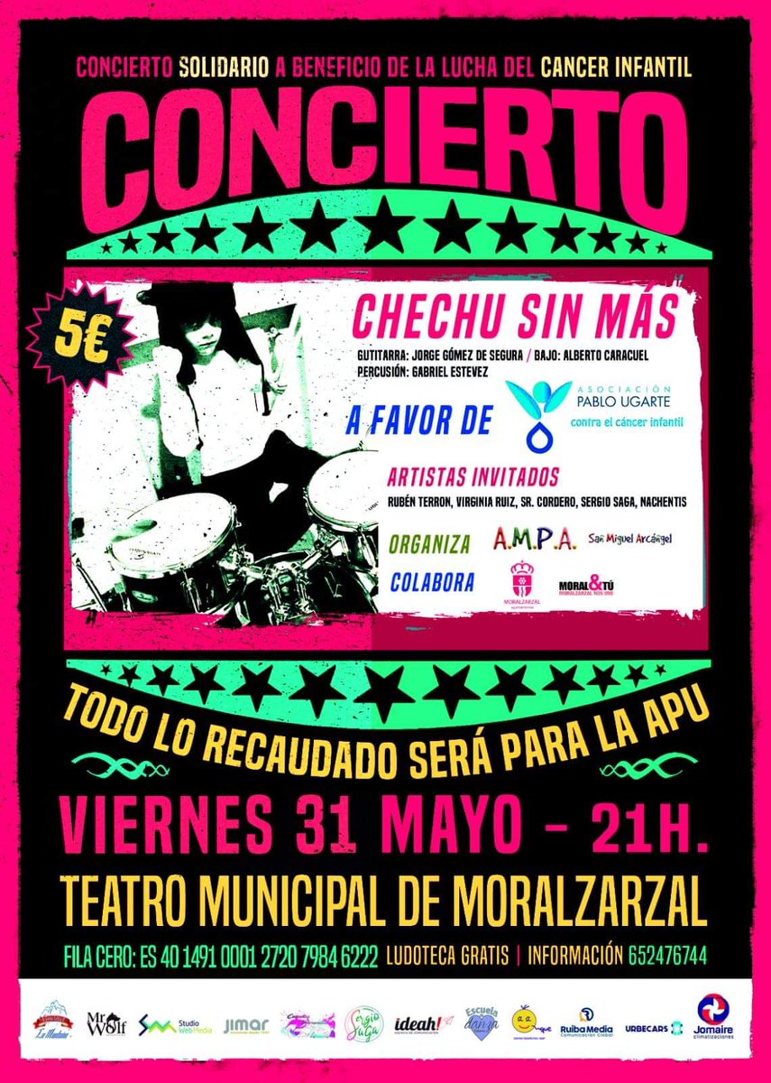 El viernes 31 de mayo concierto solidario de <a href="/Chechusinmass/">Chechu Sin Mas</a> a beneficio de la APU en <a href="/Moralzarzal/">Ayuntamiento de Moralzarzal</a> #Madrid
Entradas a 5€, que irán íntegramente destinados a la investigación del cáncer infantil. Fila Cero disponible.
