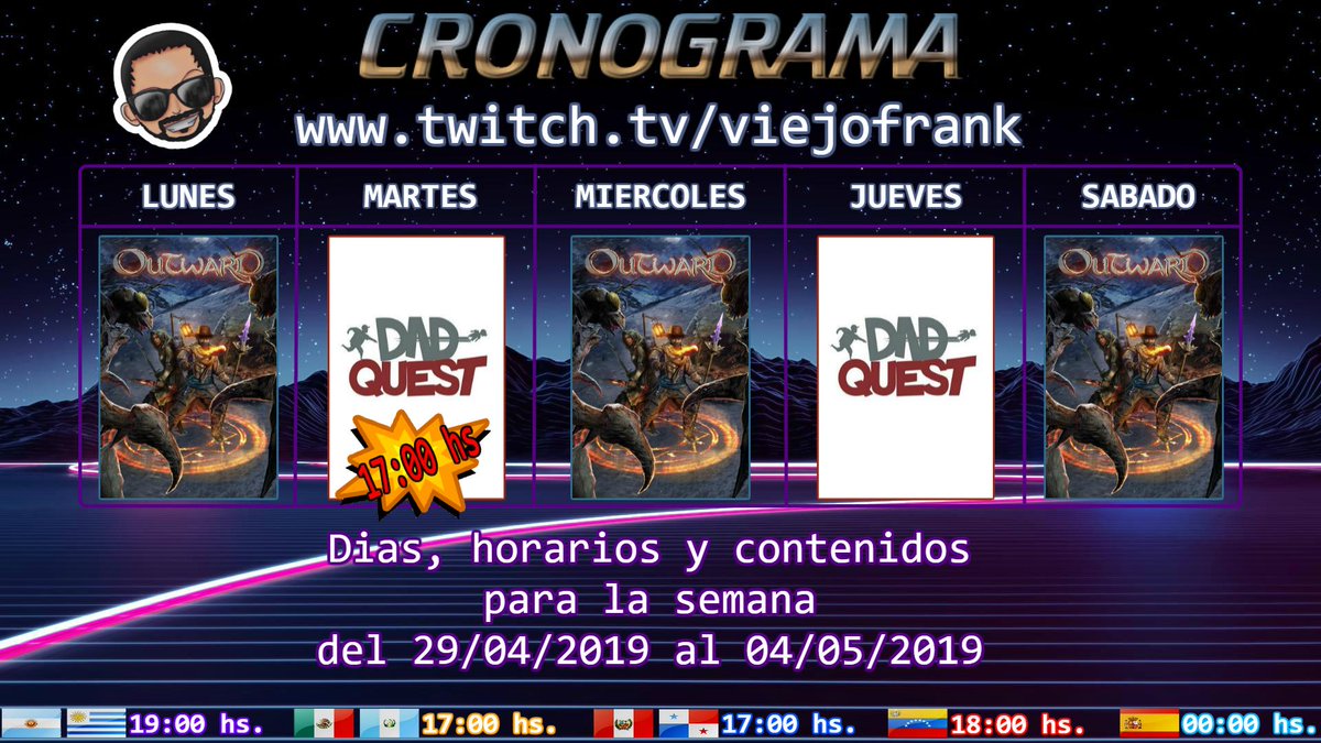 ViejoFrankOk's tweet photo. Cronograma para la semana del 29/04 al 04/05:
Un poco de RPG y amor paternal:
-Lunes, Miércoles y Sábado: #Outward
-Martes y Jueves: #DadQuest
Los espero por https://t.co/nJ0SesnvTW
¡Salud!
#ViejoFrankLive #LaOrdenDelPixel #twitch #twitchtv https://t.co/P6Yzc9LBeT