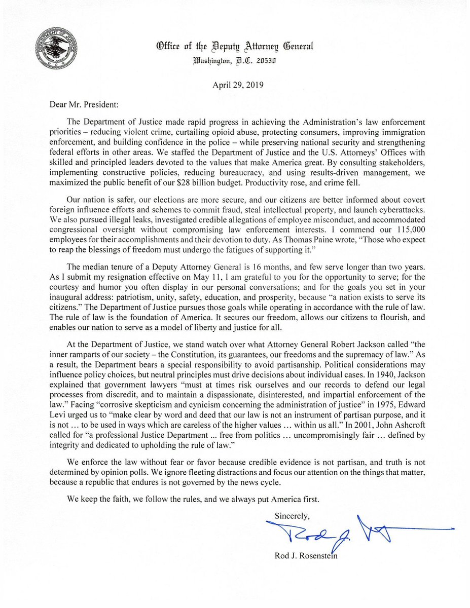 NBCPolitics's tweet image. NEW: Deputy AG Rosenstein&apos;s says he will resign May 11.