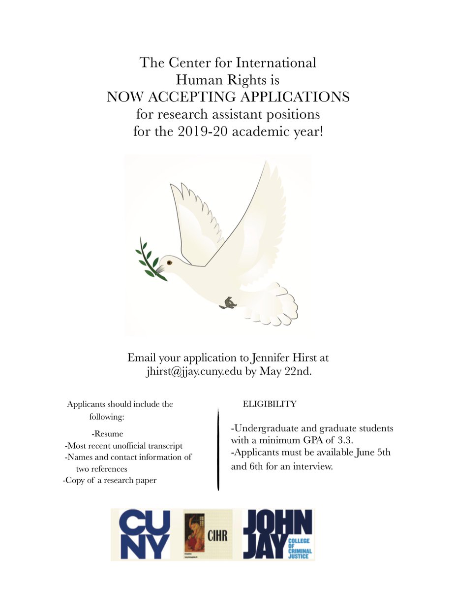 The Center for International Human Rights(CIHR) is inviting applications for research assistants for the 2019-2020 academic year (see attached flyer).