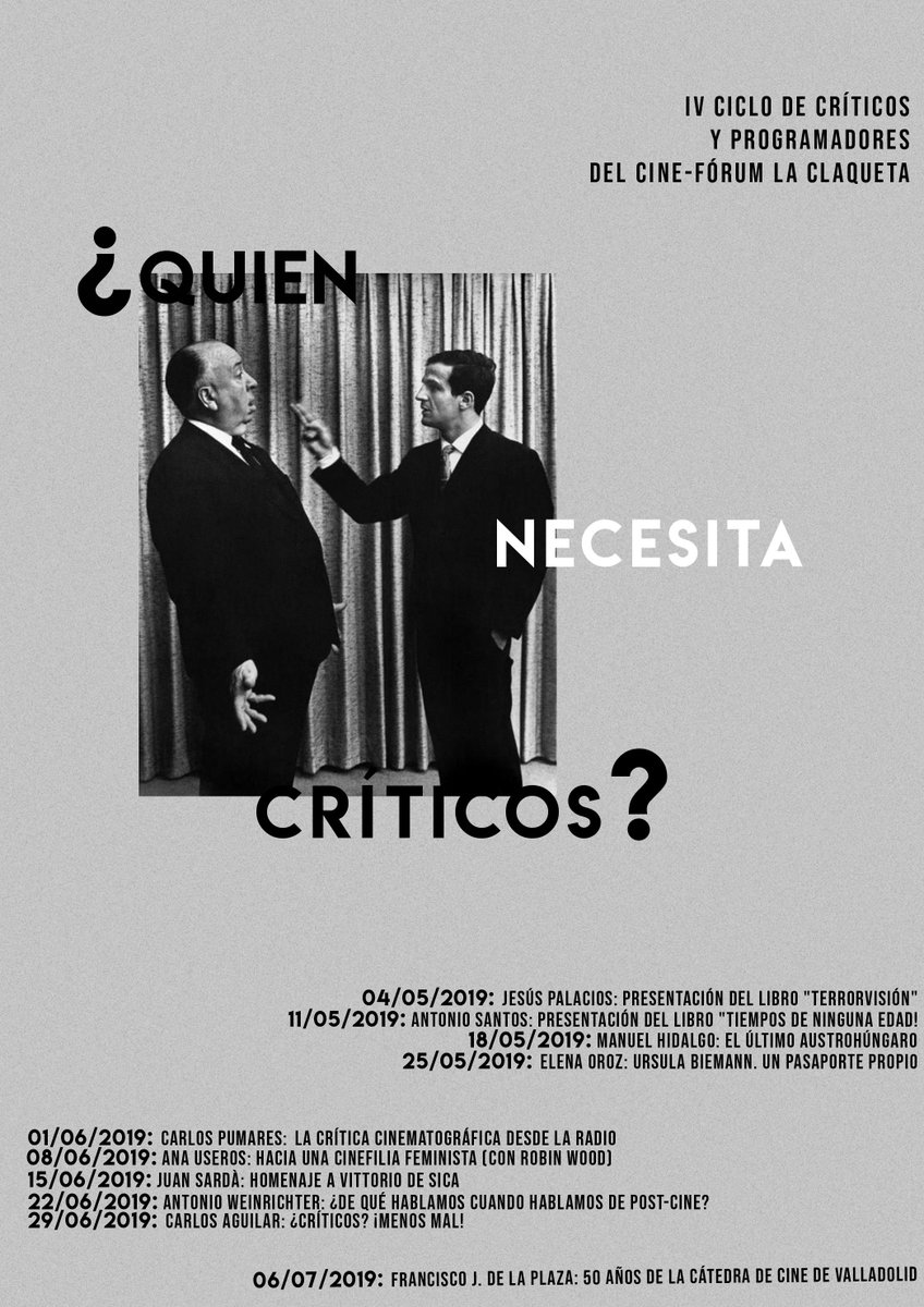 susodelavega's tweet photo. ¡Este sábado a las siete vuelve @CFLaClaqueta! Como siempre, en la sala de proyecciones del CSA @latabacalera. Con @aweinrichter, @juansarda. Cartel de @sanoter. https://t.co/Gkw1CTECR8