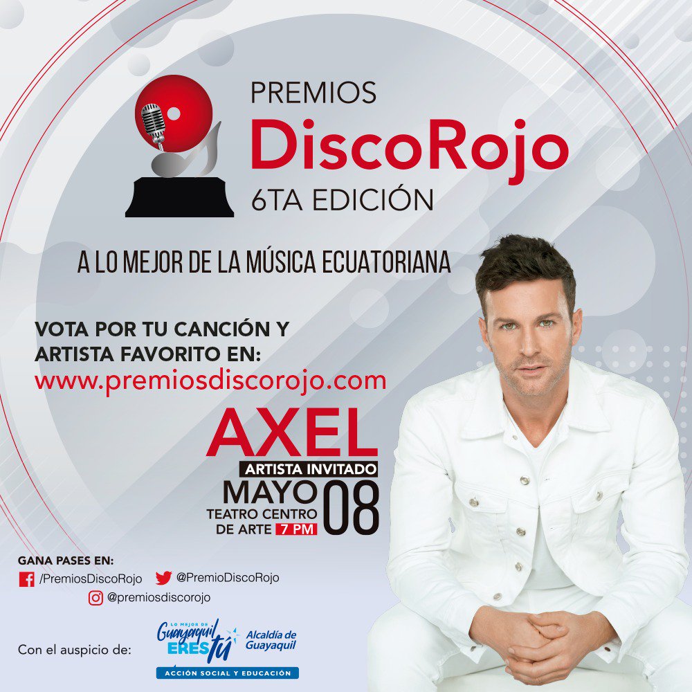 PremioDiscoRojo's tweet photo. #Guayaquil , vivirá una noche llena de música y talento nacional. 
#PremiosDiscoRojo 2019 
¡No te lo pierdas! 
#AxelEnEcuador       
#AlcaldiaDeGuayaquil           @DASEAlcaldiaGye         
#DASE         
#YaSabesEsDASE https://t.co/R3q1h3ePDP