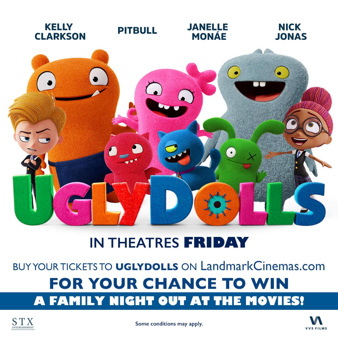 LandmarkCinemas's tweet photo. We've got your chance for a FAMILY NIGHT OUT #MovieLovers 🎉
Check out this awesome contest from our friends at @vvs_films 

Get your @uglydolls tickets NOW 🎟️➡️ https://t.co/6IpcMm2hzV

#entertowin #Uglydolls #contest #moviecontest #VVSFilms https://t.co/nCN0eLTW9n