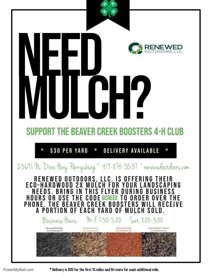 debbieiayers's tweet photo. Are you ready to mulch? Support our 4-H, Beaver Creek Boosters. Code is BCREEK at Renewed Outdoors on Dixie Highway. Pick up yourself or delivered (there is a fee). #support4H https://t.co/fBkiunLVei