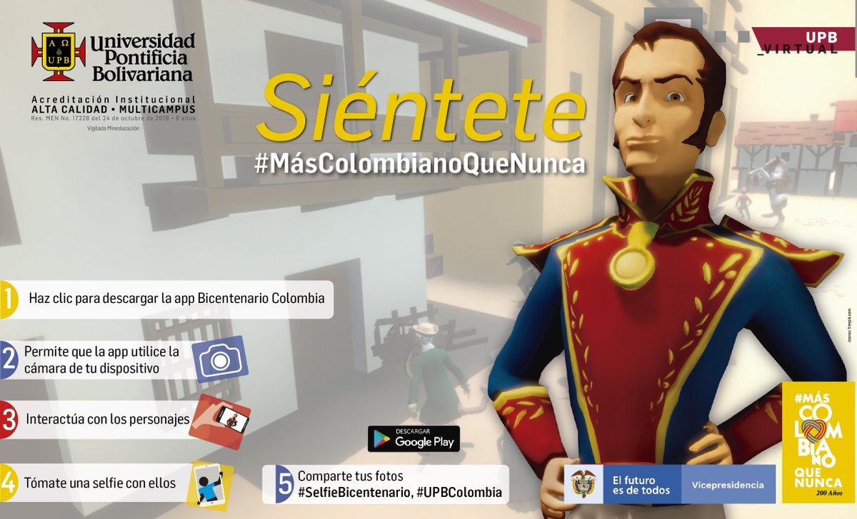 upbcolombia's tweet photo. La @ViceColombia y #UPBVirtual creamos aplicativo móvil con #realidadaumentada para propiciar la interactividad con la historia. La app “Bicentenario Colombia” #SelfieBicentenaria cuenta momentos históricos de la independencia de #Colombia 🇨🇴.
@infopresidencia @BicentenarioCo https://t.co/Dj60HlC508