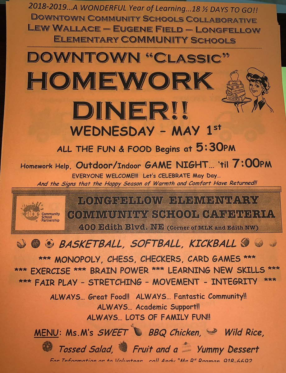 ApsLongfellow's tweet photo. Homework Diner this week is at Longfellow! Come join us for some BBQ chicken!! We have some indoor and outdoor games planned for everyone! Don’t miss out!! See you Wednesday 5/1 at 5:30 @ Longfellow! #AdayInAPS #LongfellowAlbuquerque https://t.co/dZk3JaSi2x