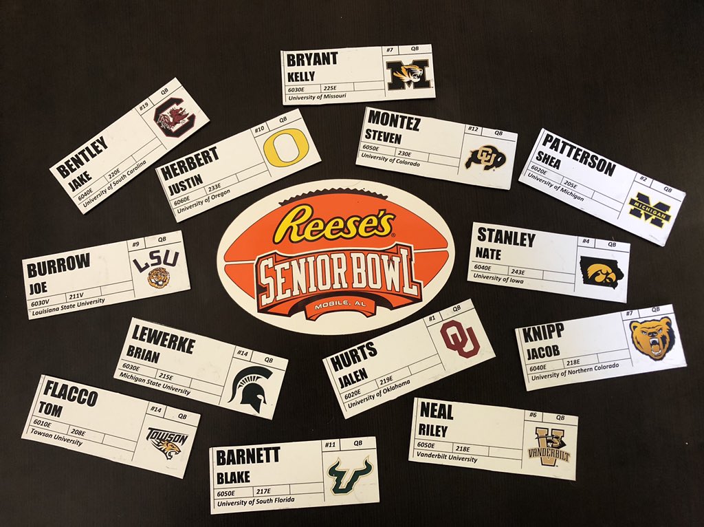 JimNagyOU's tweet photo. 2020 draft QB prospect tags. Time to find a place for them on the @seniorbowl board. Too soon? #whosnext https://t.co/eD0rRqKUmH