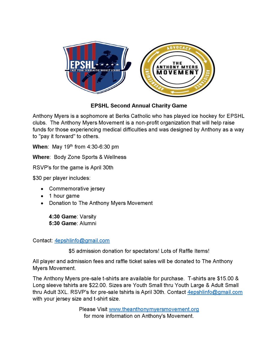 EPSHL (@epshl1) on Twitter photo EPSHL Alumni and Varsity Charity Games benefiting the Anthony Myers Movement - May 19th - See Flyer for Details - RSVP this week to 4epshlinfo@gmail.com EPSHL Alumni and Varsity Charity Games benefiting the Anthony Myers Movement - May 19th - See Flyer for Details - RSVP this week to 4epshlinfo@gmail.com