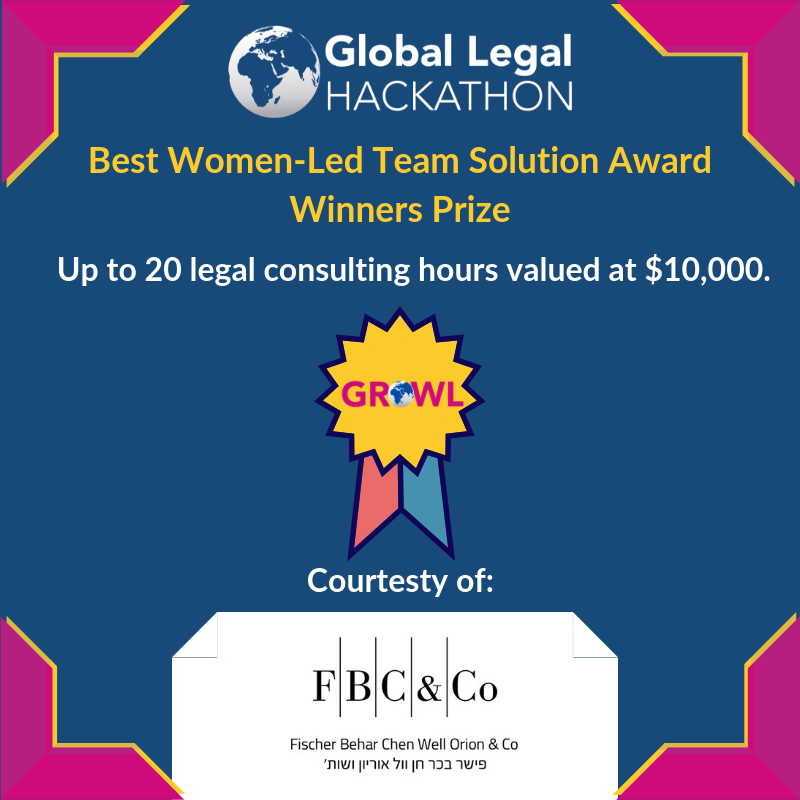 Announcing the #GROWL award prize provided by the lucrative hi-tech practice of Fischer Behar Chen Well Orion &amp; Co (Israel). The top women-led team at the #GLH2019 this weekend will receive up to 20 hours of consulting ($10,000) value from Israel's premier full service law firm.
