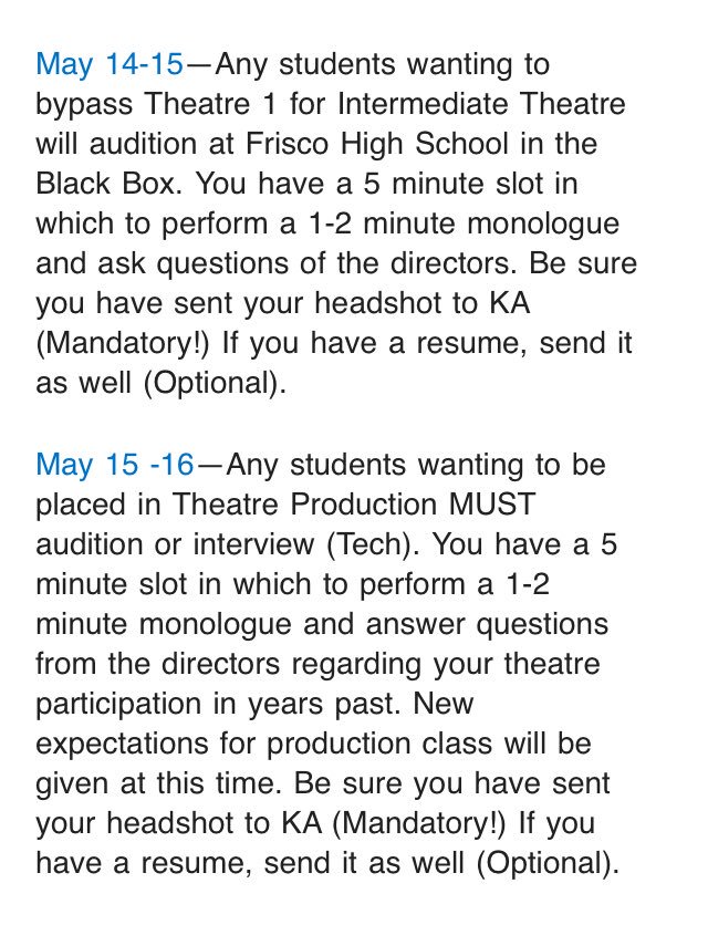 FriscoHSTheatre's tweet photo. For anyone looking to audition for higher-level theatre classes for the 2019-2020 school year, please see the information below regarding audition dates and requirements and fill out the following google form: https://t.co/LD2megHbjE. We would love to see you there! https://t.co/SdyRbYJIxL
