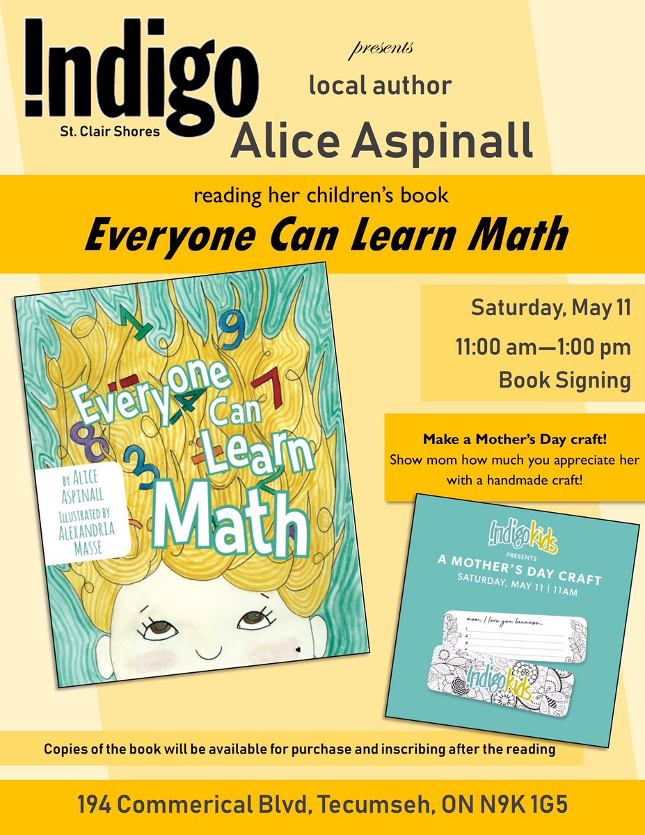 EveryoneCanMath's tweet photo. Author reading and signing at @IndigoSCShores May 11 including kids craft making!
•
#everyondcanlearnmath #yqg #indigo #childrensbooks #kidsbooks #canadianauthor #kidsauthor #childrensauthor #supportlocalyqg https://t.co/XlooFtinRJ