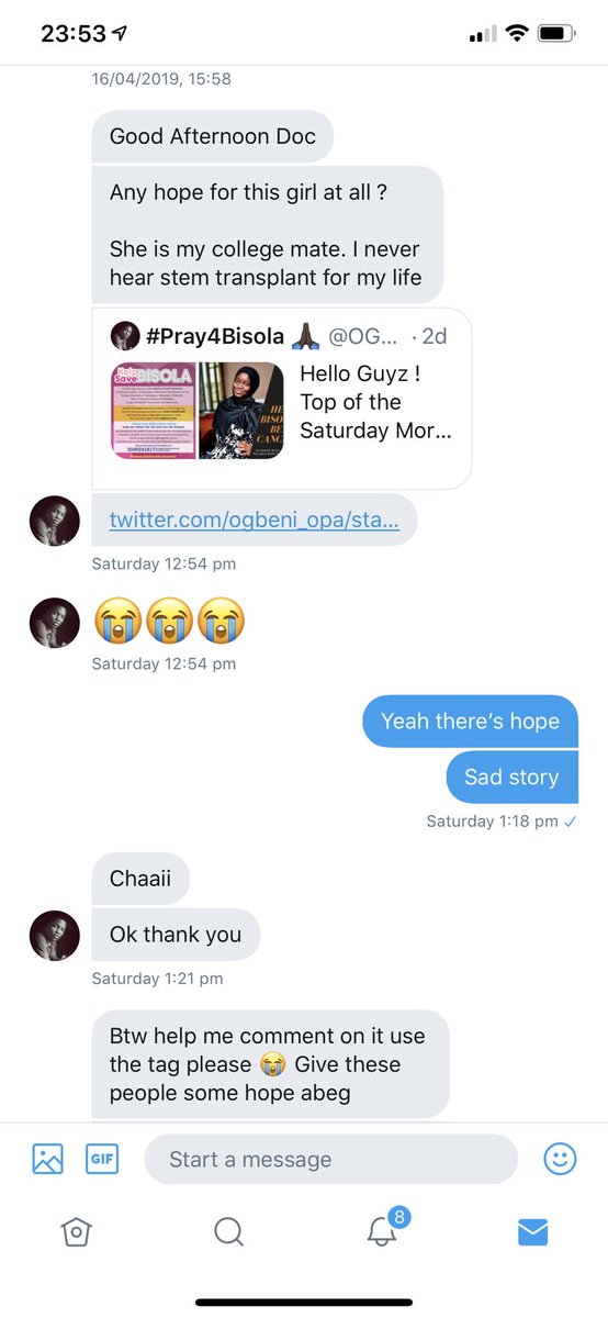 OurFavOnlineDoc's tweet photo. 20million naira raised for Bisola in just 4 days! Thank you Nigerians!!!
So @OGBENI_OPA reached out to me two days ago to help seek help for a fellow student in his school FUNAAB, who has blood cancer.
I’m glad to announce we have reached the target. Thank you everyone 🤗 💃 https://t.co/1MKpz9A5EC