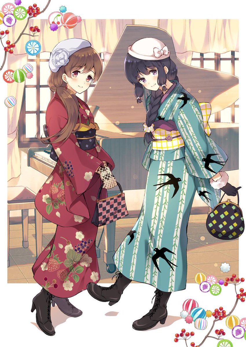 kitakami (kancolle) ,ooi (kancolle) multiple girls 2girls japanese clothes gloves braid brown hair black hair  illustration images