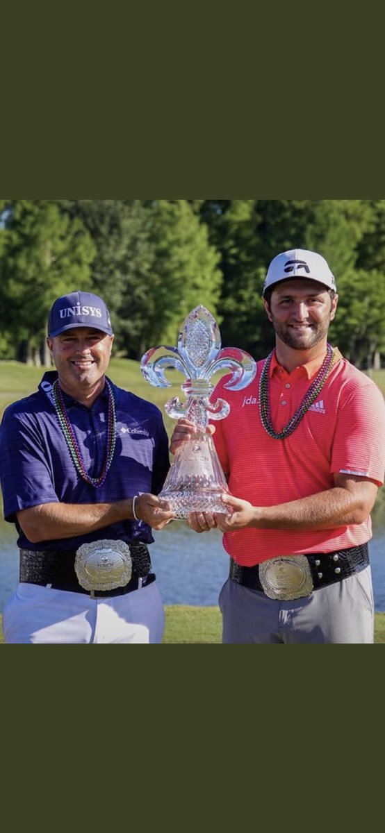 RyanPalmerPGA's tweet image. What an honor to walk the fairways with you @JonRahmpga this past week @Zurich_Classic !  Love the championship belts.  Thanks Jon!  Wow what a moment!  Cheers pal!