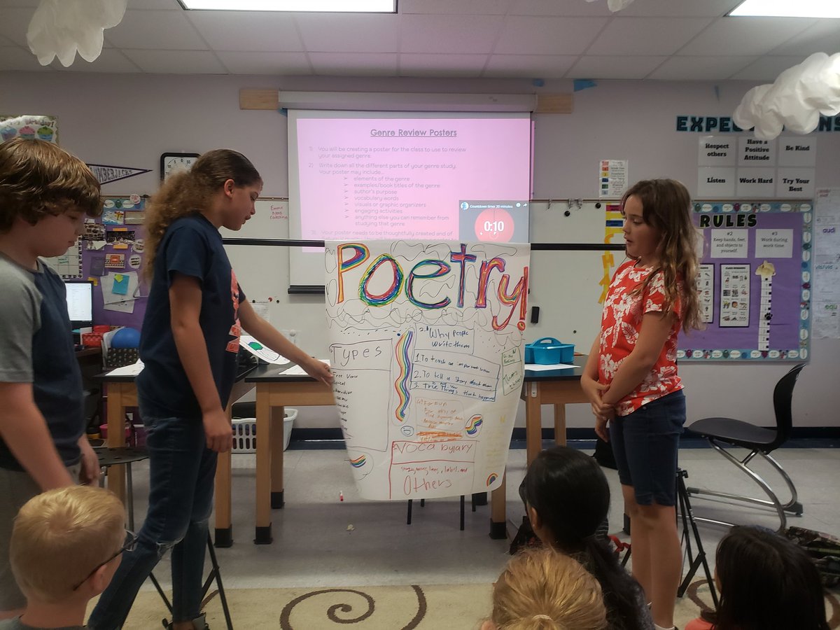 KlingsickRoos's tweet photo. Presenting our genre poster to the class! We will be using these poster over the next two weeks during our Rockin' Review! #ZunsickSTEAM #KyleESRocks https://t.co/GUB68J2fBJ