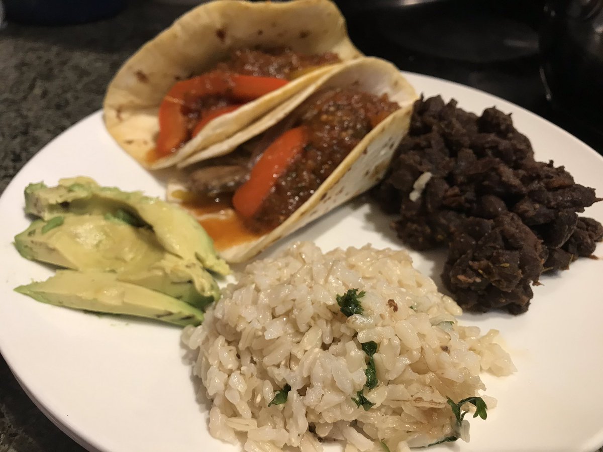 Jackfruit fajitas, cilantro lime rice and spicy black beans 