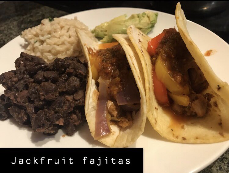 Jackfruit fajitas, cilantro lime rice and spicy black beans 