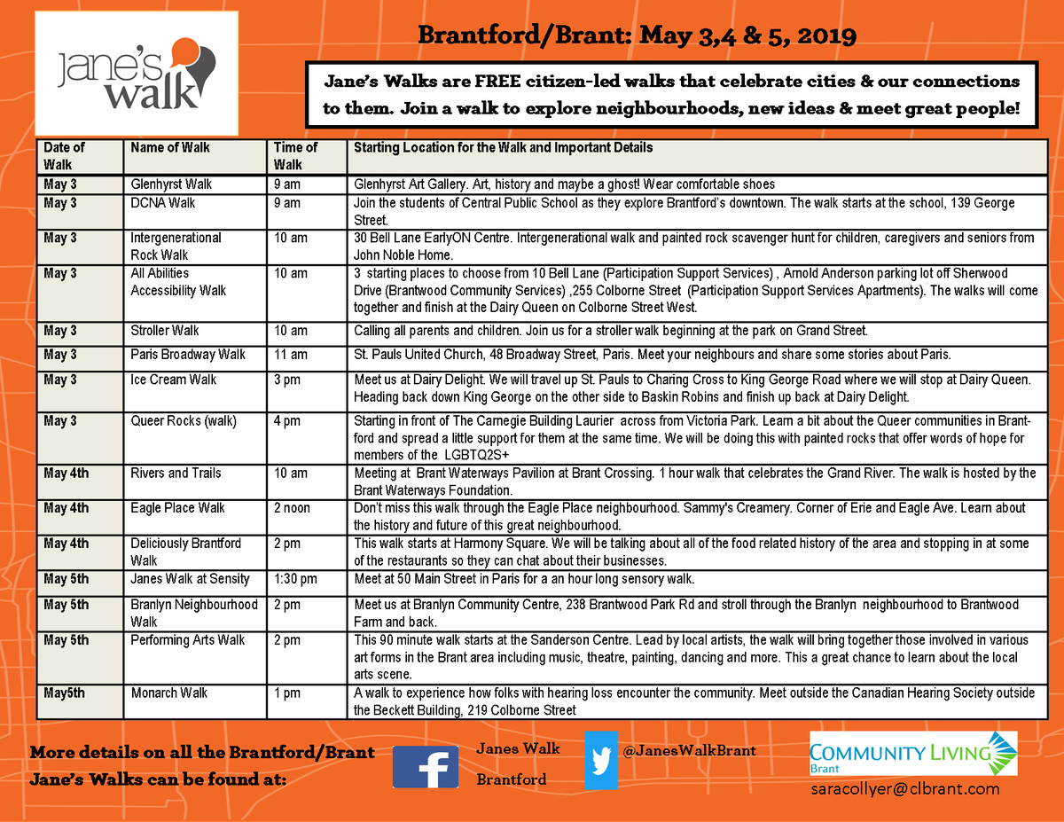 JanesWalkBrant's tweet photo. Jane's Walk starts this Friday May 3rd! So much going on. Here's your most up-to-date chart to help you choose! What walks will you participate in? Don't forget to post your photos! #JanesWalkBrant @TheBellCityBeat @TheExpositor @BScenePaper https://t.co/K2RhtcPDHS