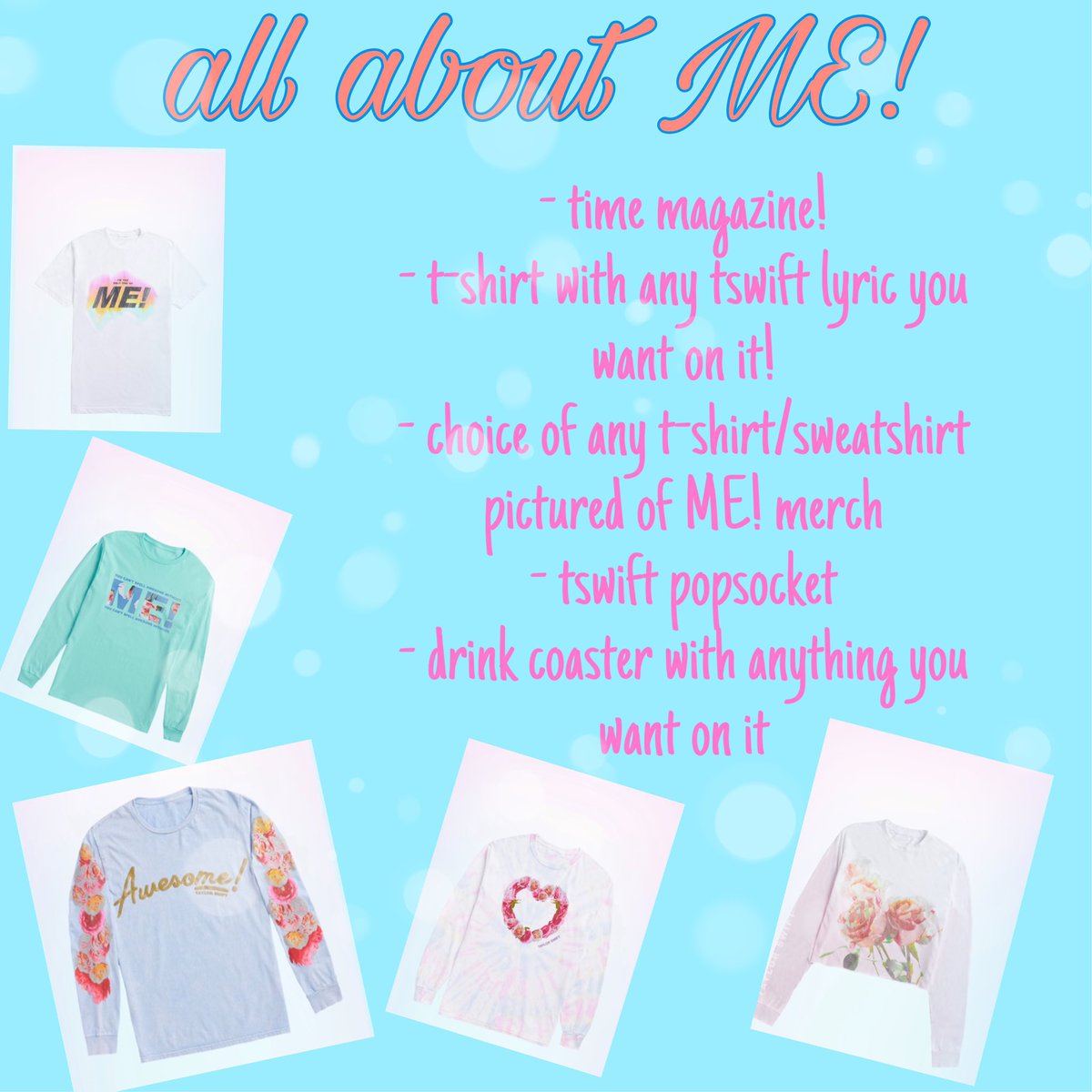 longlivetswift1's tweet image. hi guys! here is my giveaway!!! 
 - 1 person will win their choice of any ME! merch
- 2 people will win a t-shirt i make at home with any tswift lyric on it they want!
- 2 grand prize packs 
all abt me! &amp;amp; only one of me! (read pics) 
- 3 people win a time magazine!