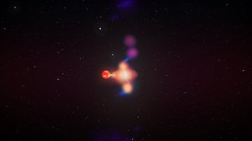 Artist’s impression of the black hole X-ray binary system V404 Cygni as seen from a distance. Bright spots in the jets are detected by our high angular resolution radio imaging, and move away from the black hole in different directions. Credit: ICRAR