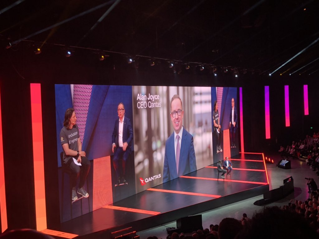 “What’s impossible today, won’t be impossible tomorrow”. A fantastic open &amp; honest Q&amp;A with #AlanJoyce <a href="/Qantas/">Qantas</a> talking about sustainability,  Project Sunrise....and been attacked by Jack Russells #AWSSummit
