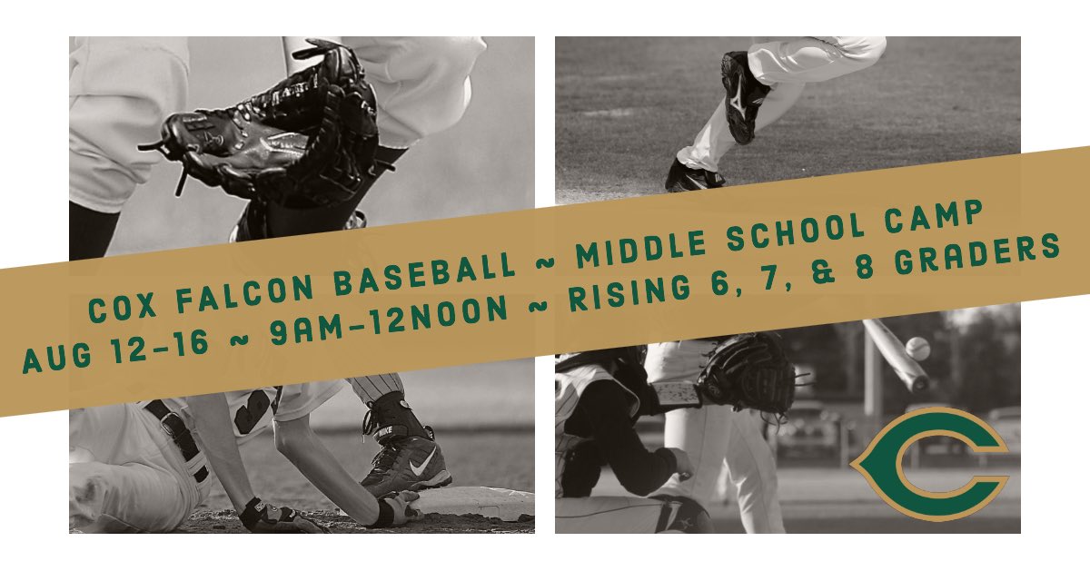 Save the date, future Falcons! ⚾️

Cox Falcon Baseball will host middle school camp on August 12-16, 9am-noon. 

This event is open to rising 6, 7, &amp; 8 graders. 

Stay tuned for more details 😎