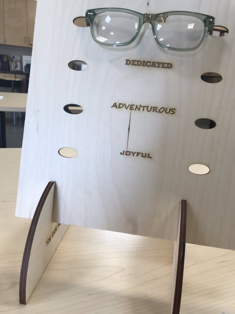 AllieBBogart's tweet photo. Being a model of growth mindset, learn by doing for my design class. Wanted a glasses stand, figured out how to make it myself! Can’t wait to inspire my students! #teambcsd @PLTWorg @EpilogLaser @CatoMiddle #catostem https://t.co/8dl7bEsxqT