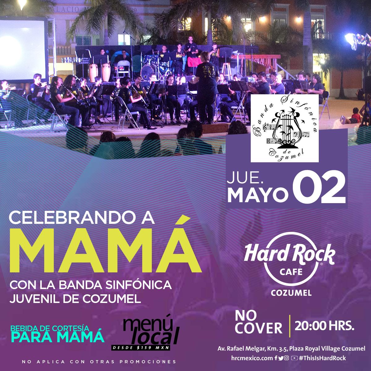 HRCCozumel's tweet photo. ¡Mayo es el mes de Mamá! 🙂Ven a celebrarlo con nosotros de una manera diferente, con la Banda Sinfónica de Cozumel 🎶🎻Te esperamos este Jueves 2/Mayo, 8PM ❤️#ThisIsHardRock #HardRockMexico #Cozumel  #CelebrandoAMama https://t.co/k6cYZGmBKy