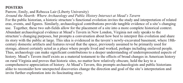 LUPublicHistory's tweet photo. Archaeological Society of Virginia Conference Poster Contest winners Emily Parrow and Rebecca Lair's poster is featured in the Archaeological Society of Virginia's Quarter Bulletin. #Archaeological_Society_of_Virginia #MeadsTavern #Archaeology @LibertyU @HistoryLU #Publichistory https://t.co/rB9NQgnAh2