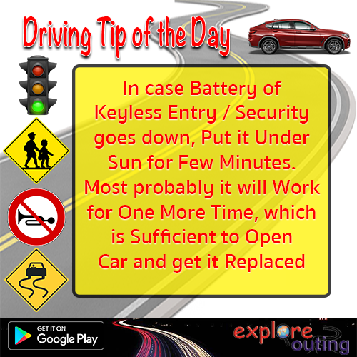 ExploreOuting's tweet photo. #DrivingTips
In case Battery of Keyless Entry / Security goes down, Put it Under Sun for Few Minutes. Most probably it will Work for One More Time, which is Sufficient to Open Car and get it Replaced
Install #IndiaTravelGuide and #CharDham App here:
https://t.co/C4TGMV3j8s https://t.co/ACYTR6qwou