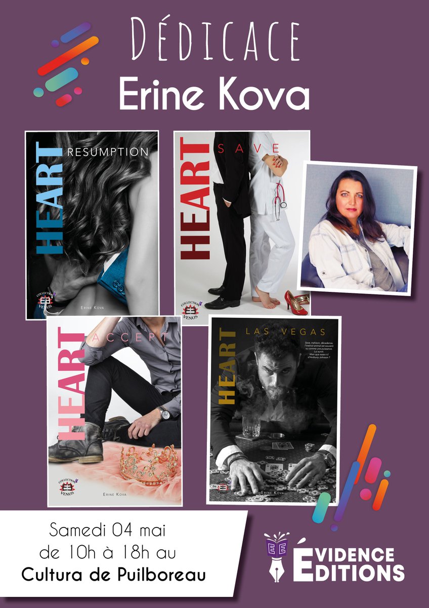 EvidenceEdition's tweet image. Retrouvez @erinekova1 au @Cultura de Puilboreau (17) le samedi 4 mai de 10h à 18h. 
Elle dédicacera sa saga "Heart" ! 

#romance #livre #newadult #erinekova #dédicace #books #larochelle #cultura