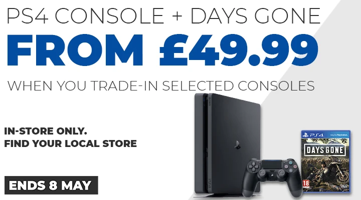 GAMESitting's tweet photo. Wanna play #DaysGone but don't have a #PS4 yet?  You can trade in your old console and pick up a #PS4 with #DaysGone from only £49.99 in store!  Pop in store for more details.  #CheaperWhenYouTradeAtGAME #Sittingbourne https://t.co/GWrkuj9loc