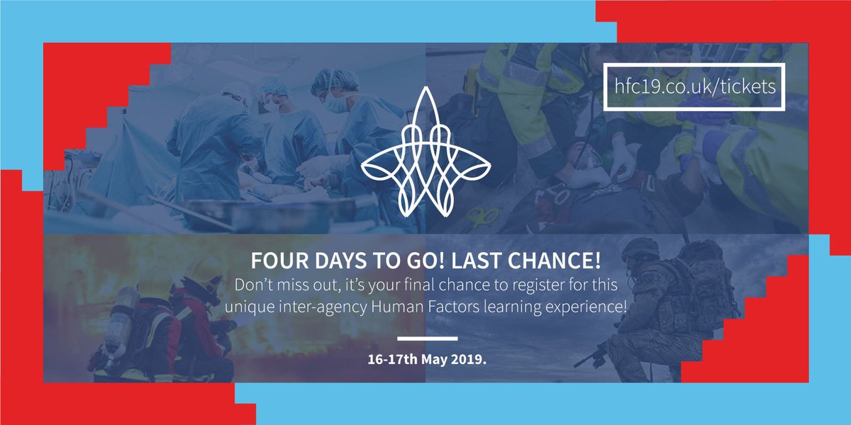 4⃣ DAYS TO GO UNTIL REGISTRATIONS FOR #HFC19 CLOSE!

It's your last chance to register for this unique inter-agency #HF conference! Order your tickets at hfc19.co.uk/tickets

#Healthcare #Fire #Aviation #Learning #Safety #HumanFactors #Risk #Dynamic #Conference #Training #NHS