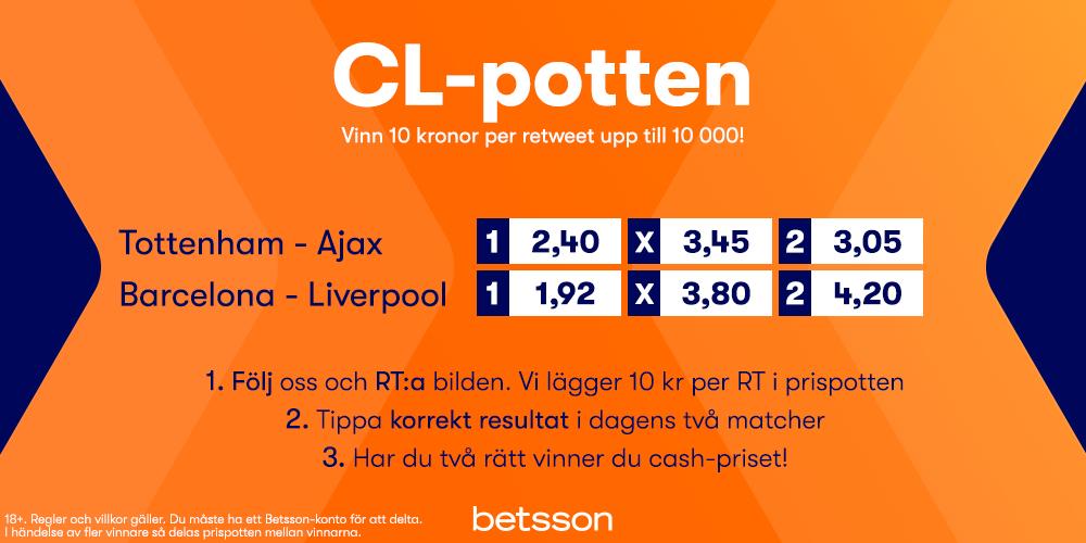 Semidags! #CLPotten⭐

🔸RT &amp; följ
🔸Tippa korrekt resultat i matcherna
🔸Vinn cash!

10 kr per RT läggs till i prispotten. Om fler får 2/2 delar man!

⌚Spelstopp 21.00