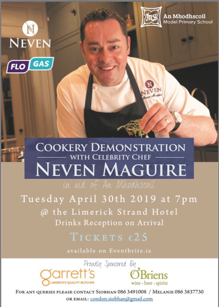 It’s Limerick tonight for @nevenmaguire cookery demonstration in aid of @modhscoil. The night takes place in @LimerickStrand! Looking forward to a great night of cooking, Q&A and fun! See you later #limerick @FlogasIreland @KenMaguireDemos