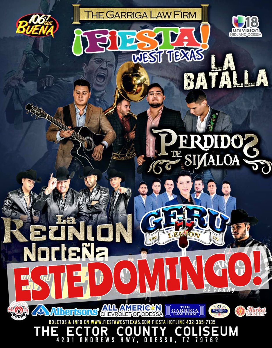 fiestaWtx's tweet image. Este Domingo Cinco De Mayo  💥Perdidos De Sinaloa juntos con 💥La Reunion Norteña 💥Gerardo Coronel 💥Geru 💥 Maximo Norte 🍻Mesas limitadas (432) 312-3801 💥432-385-7135 boletos #LaNuevaModa #LaTropicana #Garibaldys #Endlesshorizons en linea bit.ly/2LlVMUa