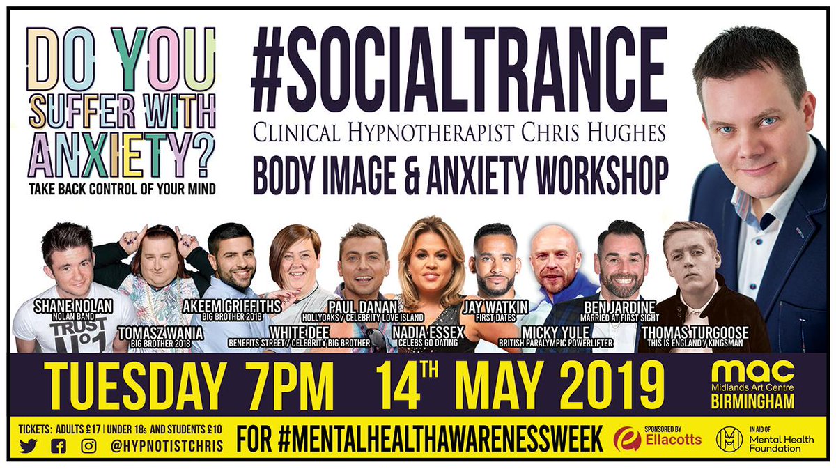 hypnotistchris's tweet photo. 2 Weeks to go! Please join me and some celebrity friends at this special event in Birmingham for #MentalHealthAwarenessWeek on May 14th. Tickets available here https://t.co/ZcDUZHgEB2  All profits to The Mental Health Foundation #mentalhealth #socialtrance #anxiety https://t.co/5lKnAymdJP