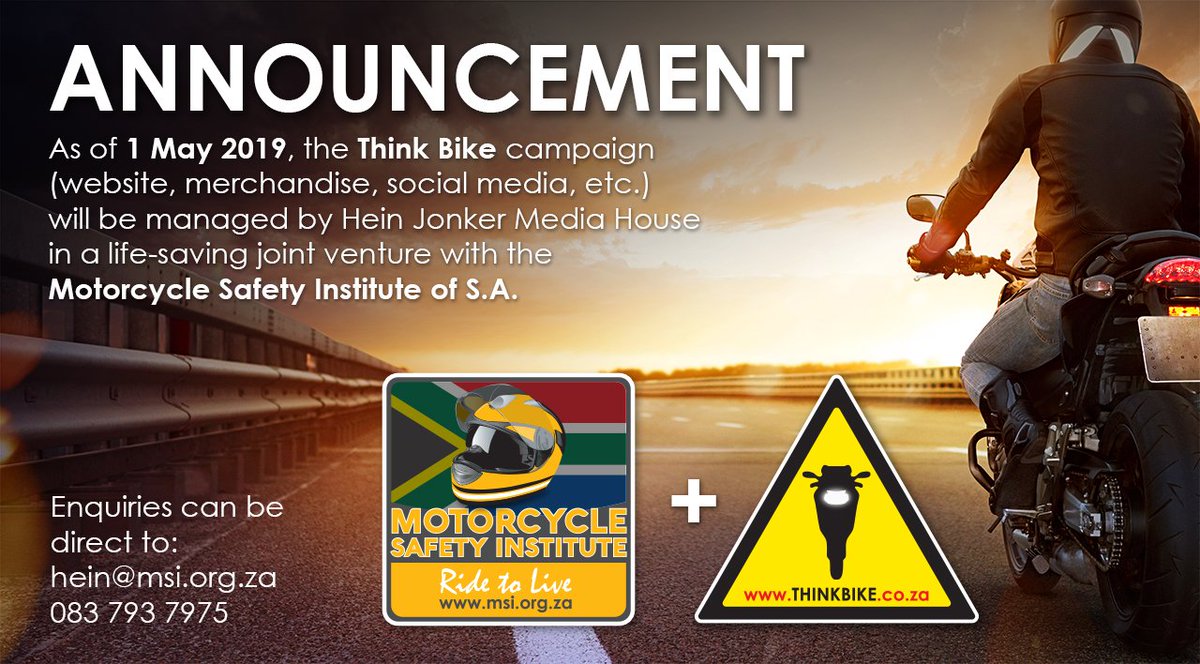 BikeTalkSA's tweet photo. EXCITING NEWS: MSI + THINK BIKE = SAFETY &amp; AWARENESS
#motorcyclesafety #thinkbike #sabikers #roadsafety #awareness #SouthAfrica 
@ThinkBikeSA @TBMarshals @motocyclesafety @heinjonkermedia https://t.co/YseXMCGqV1