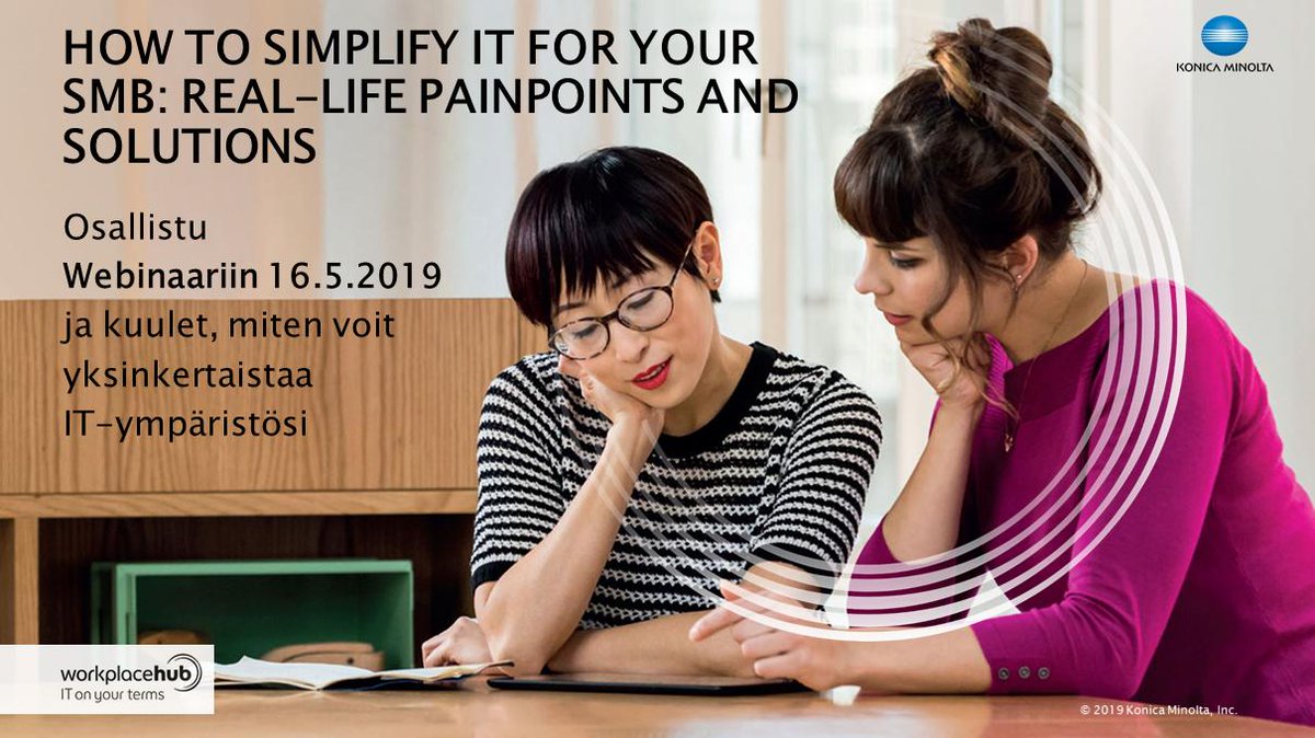 KonicaMinoltaFI's tweet photo. Ilmoittaudu mukaan 16.5.2019 pidettävään IT-webinaariin: https://t.co/37tuI4I5jp.  Tietoa PK-yritysten IT-trendeistä ja haasteista sekä miten voit yksinkertaistaa IT-ympäristösi. Puhujana mm. HPE OEM:n Matt Quirk, Global market strategy &amp; development manager. https://t.co/nzqGIhxzB5