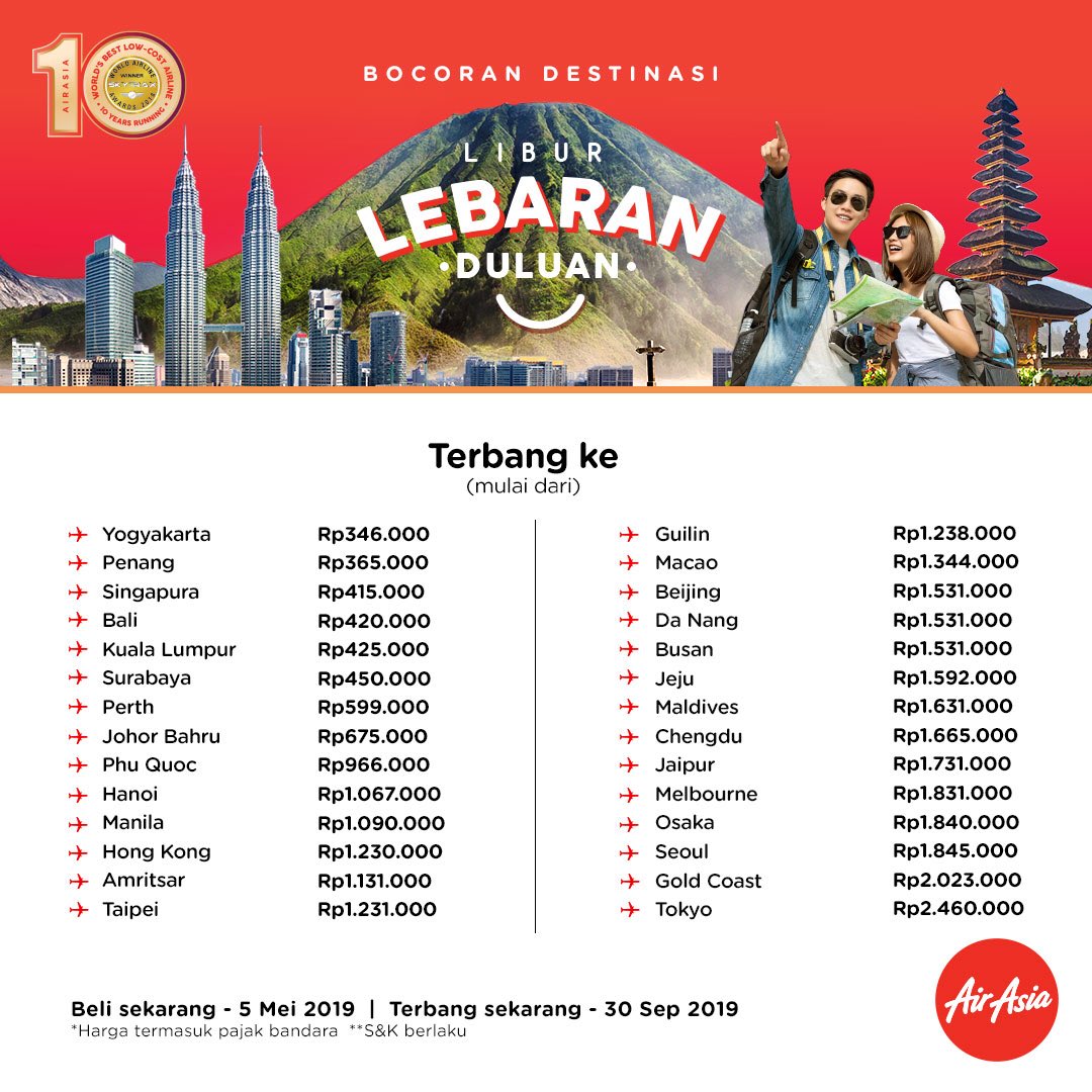 Masih belum tahu ke mana buat libur lebaran duluan? 

Cek dulu bocoran berbagai destinasi menarik berikut untuk terbang sekarang - 30 Sep 2019.

Yuk, ajak teman-teman atau keluarga untuk liburan dan pesan tiket hematnya di airasia.com atau Aplikasi AirAsia!